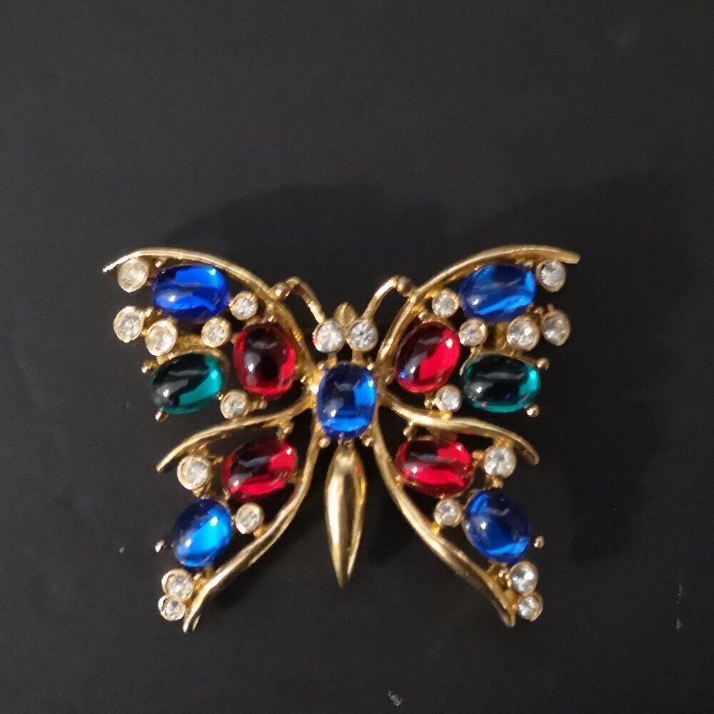 Gold Tone Metal Butterfly Brooch with Multi Colored Rhinestones